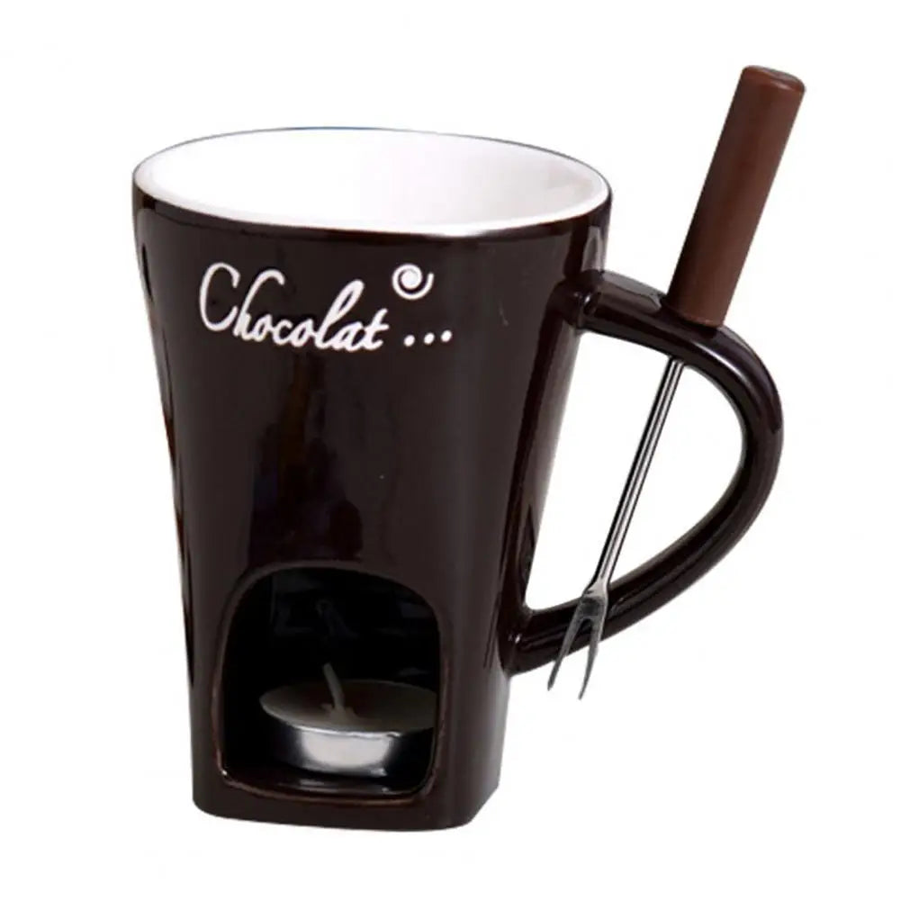 Hot Ceramic Chocolate Chafing Dish Cup with Fork Candle Pot Melting Chocolate Mug Tableware Creative Household Drinking Utensils
