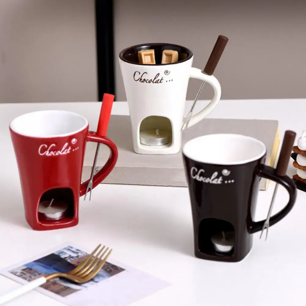 Hot Ceramic Chocolate Chafing Dish Cup with Fork Candle Pot Melting Chocolate Mug Tableware Creative Household Drinking Utensils