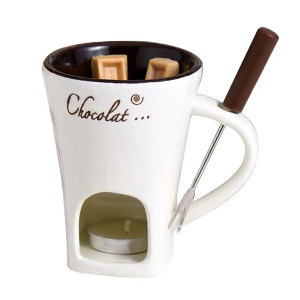 Hot Ceramic Chocolate Chafing Dish Cup with Fork Candle Pot Melting Chocolate Mug Tableware Creative Household Drinking Utensils